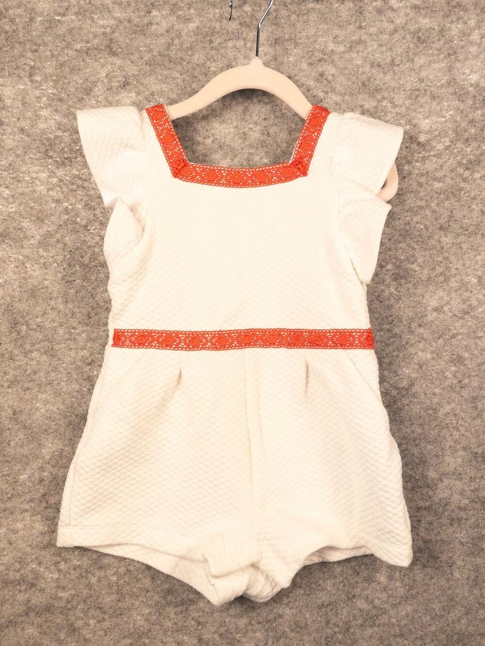 Janie and Jack White Quilted Stitch Romper With Red Lace Trim, Size 18-24 Months